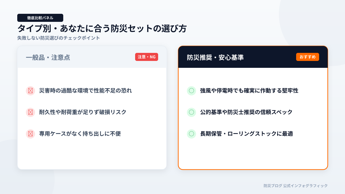 タイプ別・あなたに合う防災セットの選び方のインフォグラフィック図解