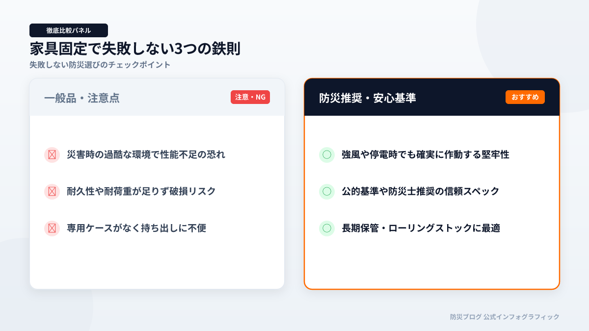 家具固定で失敗しない3つの鉄則のインフォグラフィック図解