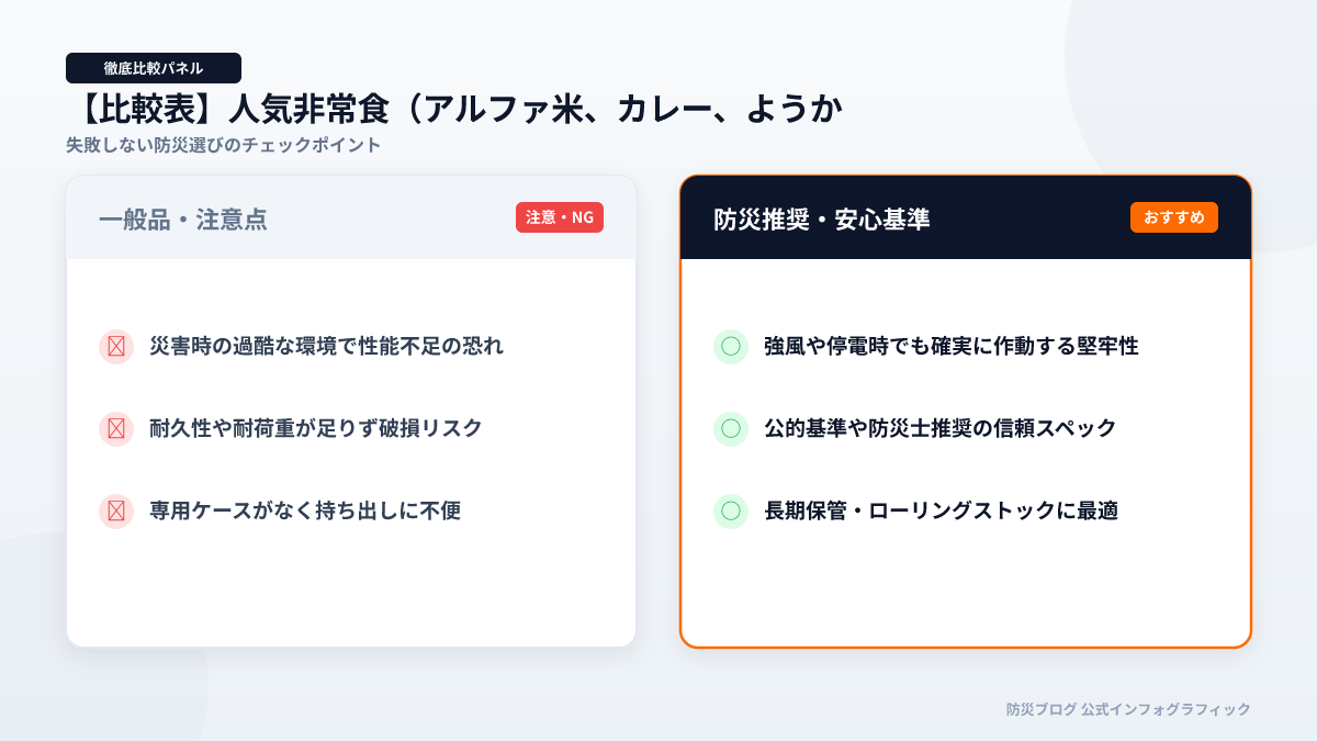 【比較表】人気非常食（アルファ米、カレー、ようかのインフォグラフィック図解