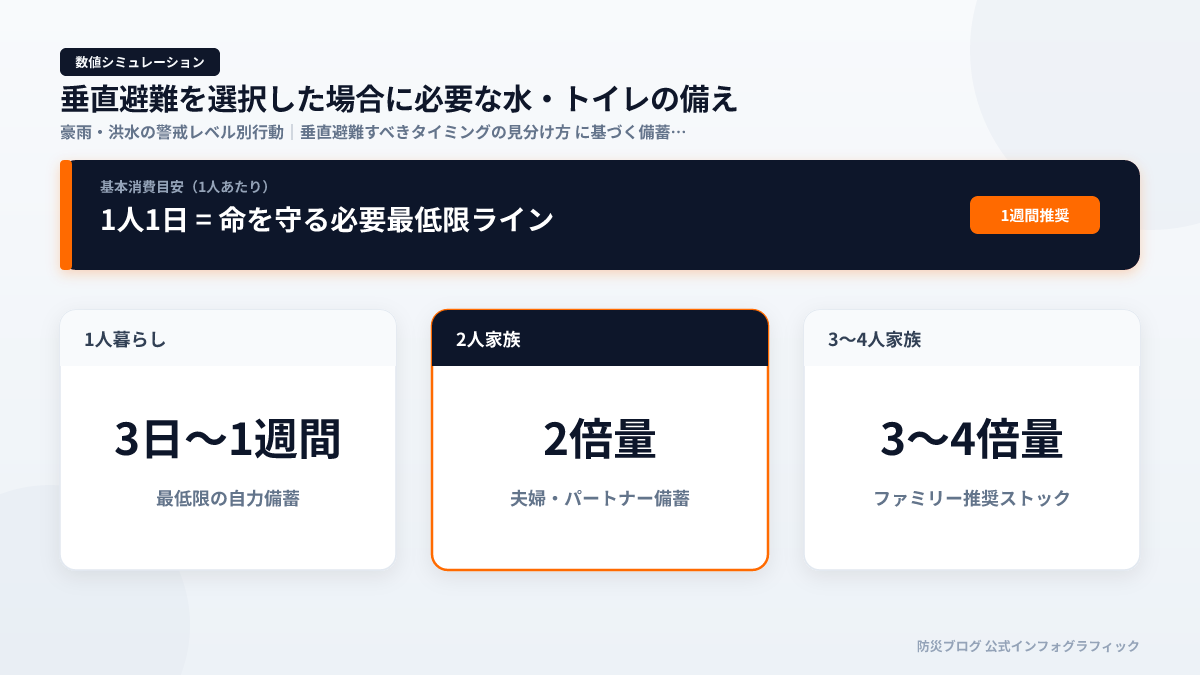 垂直避難を選択した場合に必要な水・トイレの備えのインフォグラフィック図解