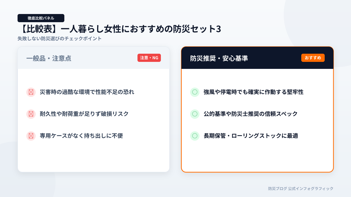 【比較表】一人暮らし女性におすすめの防災セット3のインフォグラフィック図解